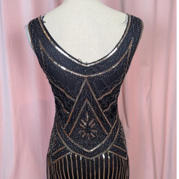Retro Sequin Flapper Dress with Fringe Black and Gold Small - Picture 11 of 14